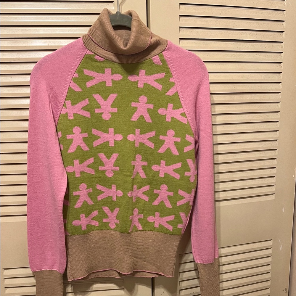 Stylish Pink and Green Turtleneck Sweater